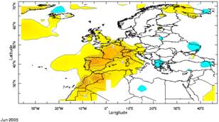 Temperatuurafwijking in Europa in juni