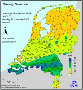 In het zuiden van het land viel maandag meer dan 50 mm (Bron: KNMI) 