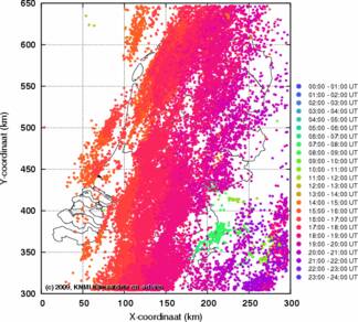 Aantal bliksemontladingen op 20 augustus 2009 (Bron: KNMI)