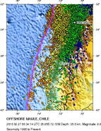 Seismiciteit van 1990 tot heden in het gebied rond de aardbeving van 27 februari 2010. Deze is weergegeven met een gele ster. (Bron figuur: USGS)