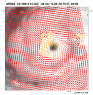 Hurricane Igor waargenomen door de ASCAT Satterometer. Igor hield lang stand en trof vooral Bermuda en als gewone depressie New Foundland voor veel regen en wind (Bron: KNMI)