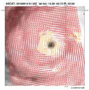 Hurricane Igor waargenomen door de ASCAT Satterometer. Igor hield lang stand en trof vooral Bermuda en als gewone depressie New Foundland voor veel regen en wind (Bron: KNMI)