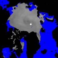 Noordpoolijs op 7 juli 2010 gemeten met de scatterometer op MetOp-A satelliet van EUMETSAT die ruwheid van het ijs meet en zo de dikte en ouderdom kan worden bepaald. Illustratie: KNMI
