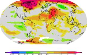 temperatuurafwijking in 2010 in de GISTEMP dataset ten opzichte van 1971-2000 (Bron: NASA/GISS) 