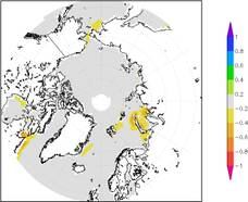 Afwijking zeeijsconcentratie (noordpoolgebied) in mei 2011 ten opzichte van 1981-2010 (Bron: NSIDC)