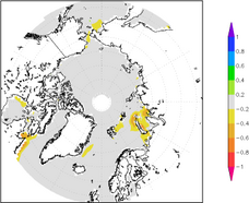 Afwijking zeeijsconcentratie (noordpoolgebied) in mei 2011 ten opzichte van 1981-2010 (Bron: NSIDC)