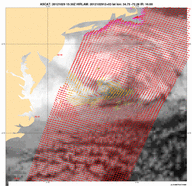Op het satellietbeeld van MetOp-B is de windrichting en sterkte van orkaan Sandy goed te zien. (Bron: KNMI)