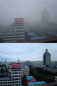 De luchtkwaliteit in Beijing tijdens een smogepisode en tijdens gunstige meteorologische omstandigheden.
 