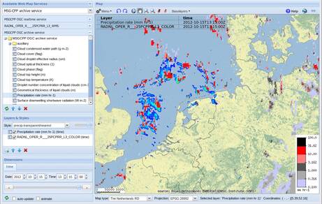 Neerslag op de Noordzee gemeten met Meteosat (grijs-rode kleuren) gecombineerd met KNMI-radar (groen-blauwe kleuren) op 15 oktober 2012 om 15.15 uur Nederlandse tijd. 
