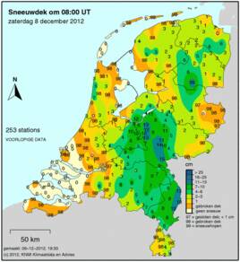 Sneeuwhoogte in Nederland op zaterdagochtend 8 december 2012 (Bron: KNMI) 