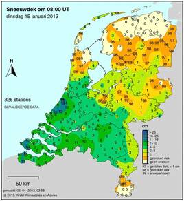 KNMI sneeuwkaart van 15 januari 2013 (Bron: KNMI). 