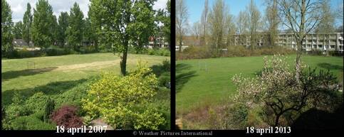 De natuur in het zeer warme voorjaar van 2007 en de natuur na de veel koudere periode nu. Het verschil spreekt boekdelen (foto: Jacob Kuiper) 
