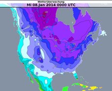 De kaart met minimumtemperaturen in het noorden van de VS van 8 januari 2014 toont de uitstroom van zeer koude lucht (Bron: Deutscher Wetterdienst)
