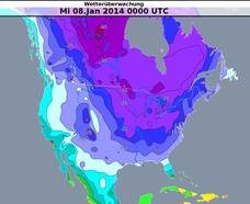 De kaart met minimumtemperaturen in het noorden van de VS van 8 januari 2014 toont de uitstroom van zeer koude lucht (Bron: Deutscher Wetterdienst)