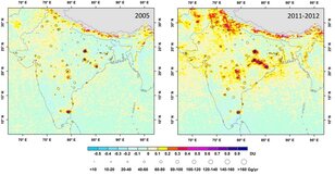 Luchtvervuiling (zwaveldioxide) boven India gemeten met OMI tussen 2005 en 2012. De hoeveelheid zwaveldioxide emissies afkomstig van energiecentrales is met meer dan 60% toegenomen (Bron: ACS Publications)