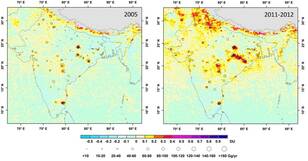 Luchtvervuiling (zwaveldioxide) boven India gemeten met OMI tussen 2005 en 2012. De hoeveelheid zwaveldioxide emissies afkomstig van energiecentrales is met meer dan 60% toegenomen (Bron: ACS Publications)