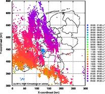 Bliksemkaart van vrijdag 25 april: in totaal registreerde het KNMI 19.306 bliksemontaldingen (bron: KNMI)