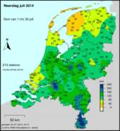 Hoeveelheid neerslag in Nederland in juli 2014 (Bron: KNMI)