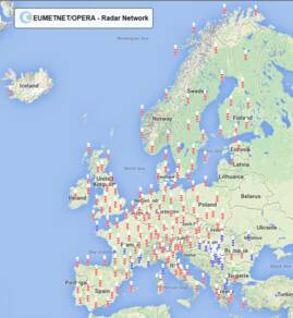 Het Europese netwerk van neerslagradars. Bron: KNMI