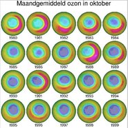 Het verloop van het ozongat boven de Zuidpool van 1980 tot 2014 op basis van waarnemingen van OMI en eerdere satellietinstrumenten. Foto Temis/KNMI
