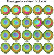 Het verloop van het ozongat boven de Zuidpool van 1980 tot 2014 op basis van waarnemingen van OMI en eerdere satellietinstrumenten. Foto Temis/KNMI