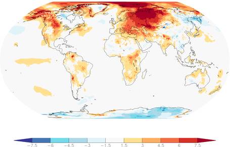 Afwijking in graden van de wereldwijd gemiddelde temperatuur in februari 2016 ten opzichte van 1981-2010 (klimatologische 'normaal'). Bron: ECMWF 