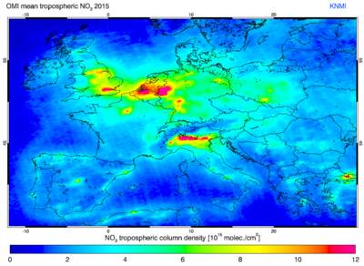 Jaargemiddelde concentratie stikstofdioxide boven Europa in 2015 gemeten door OMI (©KNMI)