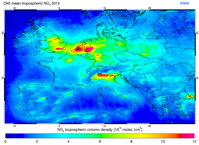 Jaargemiddelde concentratie stikstofdioxide boven Europa in 2015 gemeten door OMI (©KNMI)