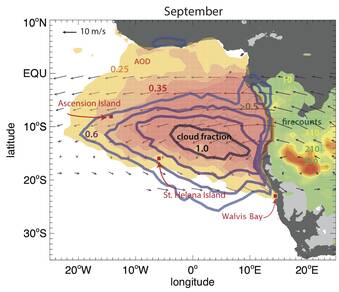 Gemiddelde wolkenfractie (blauwe lijnen) en rookdikte (Aerosol Optical Depth (AOD), gekleurde intervallen) over de zuid-Atlantische Oceaan in september, en aantallen vegetatiebranden in Afrika. ©KNMI