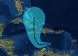 De verwachte richting van tropische storm Matthew in het caribisch gebied. Bron: National Hurricane Centre 
