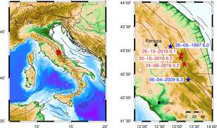 Kaart met de lokatie van de drie grootste bevingen sinds 24 augustus 2016 en twee oudere bevingen in dezelfde regio. ©KNMI