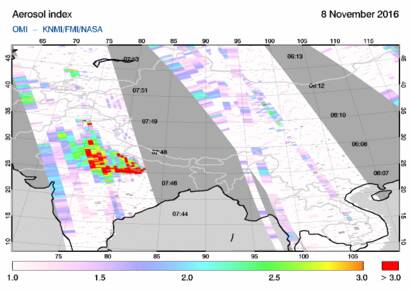 OMI-satellietopname van Absorberend Aerosol ©KNMI/3MSAF/EUMETSAT