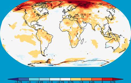 Kaart van temperatuurafwijkingen van 1981-2010 in januari-oktober 2016 (bron: ECMWF)