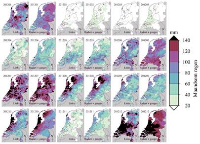Maandsommen voor 2012 op basis van straalverbindingen (linkerkolommen) en op basis van regenmeters en weerradars (rechterkolommen). Voor de meeste maanden komen de gegevens goed overeen ©KNMI