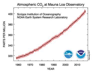 CO2-gehalte in de atmosfeer, gemeten op het Mauna Loa Observatorium  ©NOAA