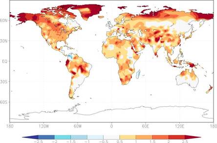 Temperatuur op 2m hoogte gemiddeld over 2016, vergeleken met wat in 1981-2010 normaal was. ©NOAA/NCEP