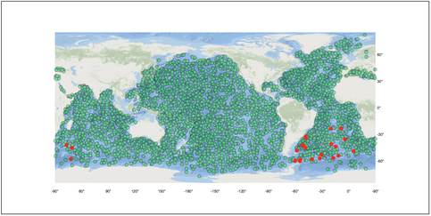 Ruimtelijke verdeling van de ongeveer 4000 ARGO floats in april 2017 (bron: KNMI en jcommops.org). De KNMI ARGO floats zijn in rood aangegeven.
