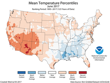 Verdeling van de extremiteit in de gemiddelde temperaturen van afgelopen juni in de Verenigde Staten, bron: NOAA.