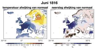 Temperatuur en neerslag afwijking van normaal in Juni1816 op basis van oude meetreeksen waaronder de Nederlandse Zwanenburg reeks. Bron: Luterbacher and Pfister, Nature Geoscience, 2015.