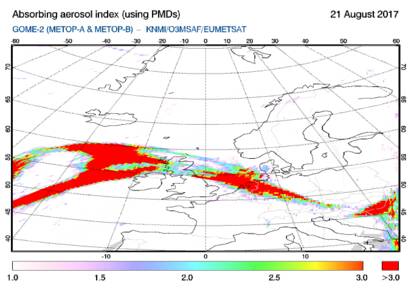 Figuur 2: Satellietwaarnemingen van de Absorberende Aerosol Index van maandag 21 augustus 2017, 10:30 lokale tijd, door de GOME-2(A/B) satellietinstrumenten. Bron: KNMI.