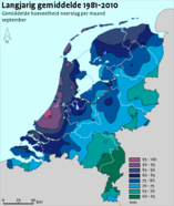 Langjarig gemiddelde hoeveelheid neerslag september (1981-2010). 