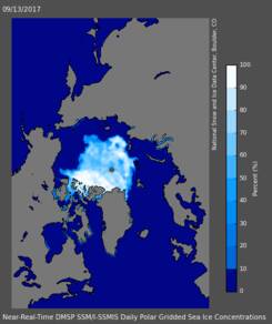 Zeeijsconcentratie ten tijde van het minimum op 13 september. Bron: National Snow & Ice Data Center (NSIDC)