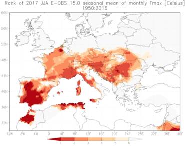 Figuur 2. Rangorde van de zomergemiddelde temperatuur van 2017 in de waarnemingen vanaf 1950. In de donkerrode gebieden was het de warmste zomer. Bron: E-OBS.