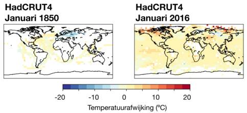 Figuur 2: Temperatuurafwijkingen ten opzichte van 1961-1990, witte gebieden hebben te weinig metingen. Bron: HadCRUT4, Met Office en Climatic Research Unit.