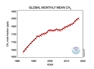 Figuur 2. De wisselende toename van de hoeveelheid methaan in de atmosfeer sinds 1984. (Bron: NOAA)