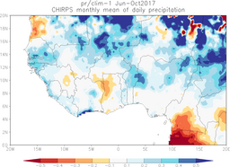 Figuur 2. Relatieve afwijking van gemiddeld van juni–oktober 2017 regen in West Afrika, -0.5 betekent 50% minder regen dan normaal, +0.5 juist 50% meer dan normaal.