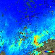 satellietbeeld van nederland waarop NO2 concentratie, stikstofdioxide, op 17 november te zien is. Er was een aanvoer van schone lucht uit het Noordwesten waardoor de concentraties veel lager zijn dan op 7 november
