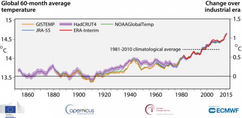 Figuur 2. Trend in globale opwarming (lucht op 2 m hoogte) in datasets van verschillende klimaatinstituten. Rood: ECMWF (Europees), geel en groen: NASA en NOAA (Amerikaans), paars: Met Office (Engeland), blauw: JMA (Japans). Bron: ECMWF, C3S.