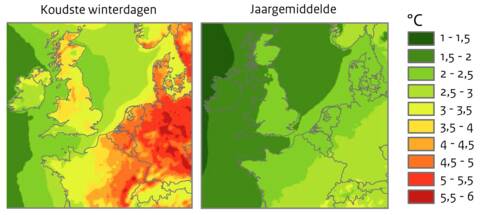 Figuur 2: Opwarming voor de koudste winterdagen (links) vergeleken met de jaargemiddelde opwarming (rechts) bij het scenario met grootste verandering voor 2050 ten opzichte van 1981-2010. Bron: KNMI’14 klimaatscenario’s.