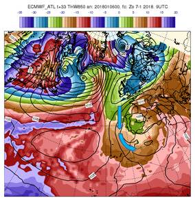 Figuur 2: De rode ster markeert Ain Sefra, de blauw pijlen markeren de zuidelijke stroming met koude lucht op 850 hPa. Bron: modelberekening ECMWF voor 7 jan 2018 om 9 UTC, bewerkt door het KNMI.